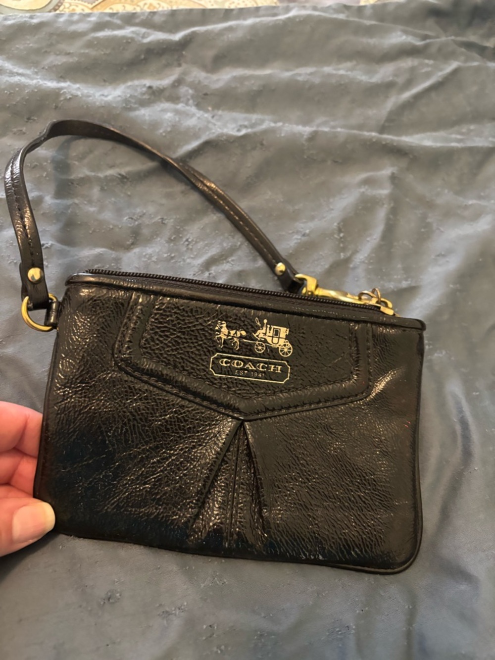 Coach Black Leather Wristlet with Gold Coach Logo